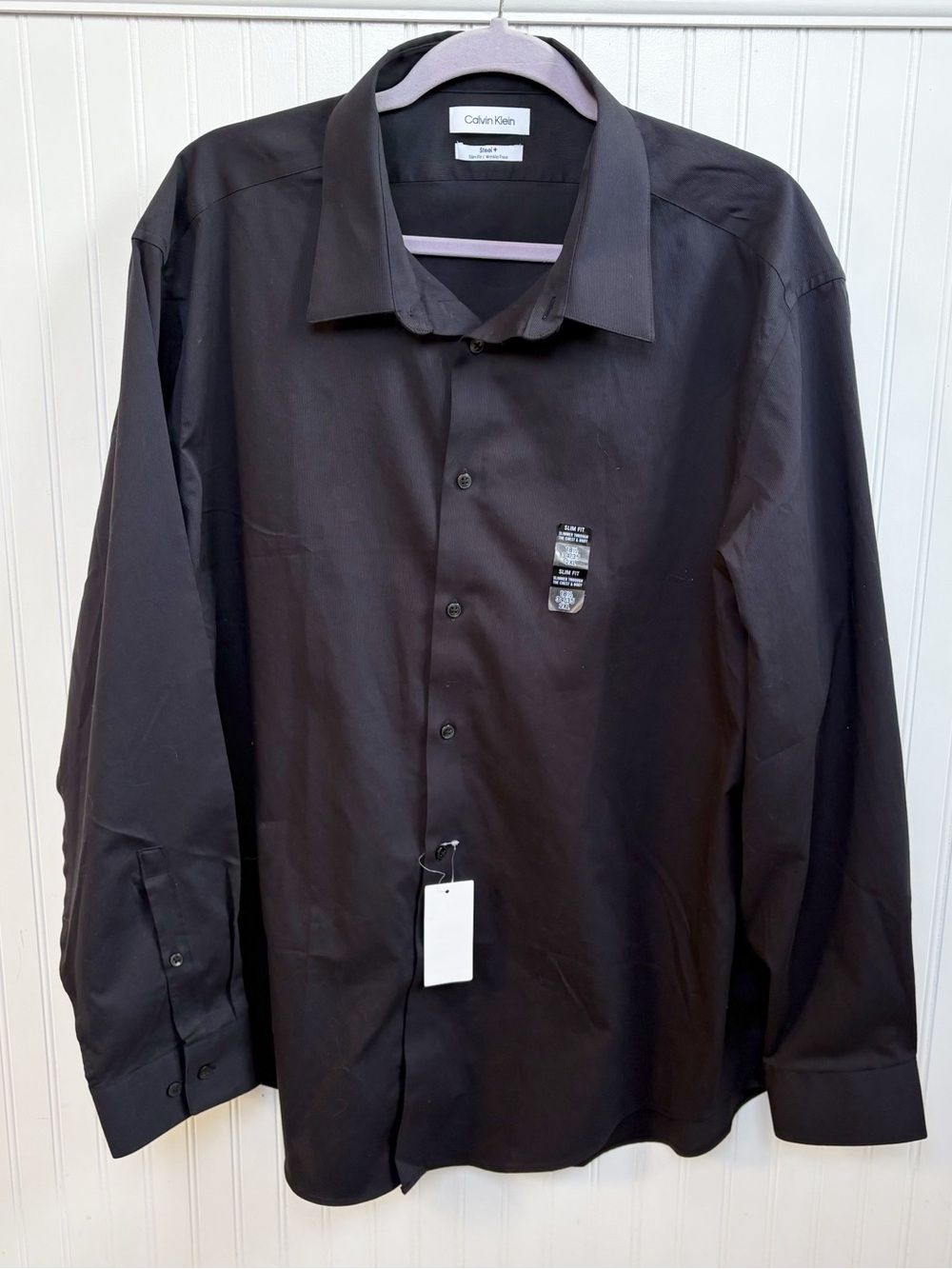 Calvin Klein Men’s 2XL Solid Black Steel+ Slim Fit Wrinkle Free Dress Shirt NEW